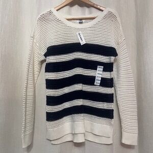 NWT Old Navy Womens Striped Mesh Knit Sweater Top White & Navy Blue,‎ Large